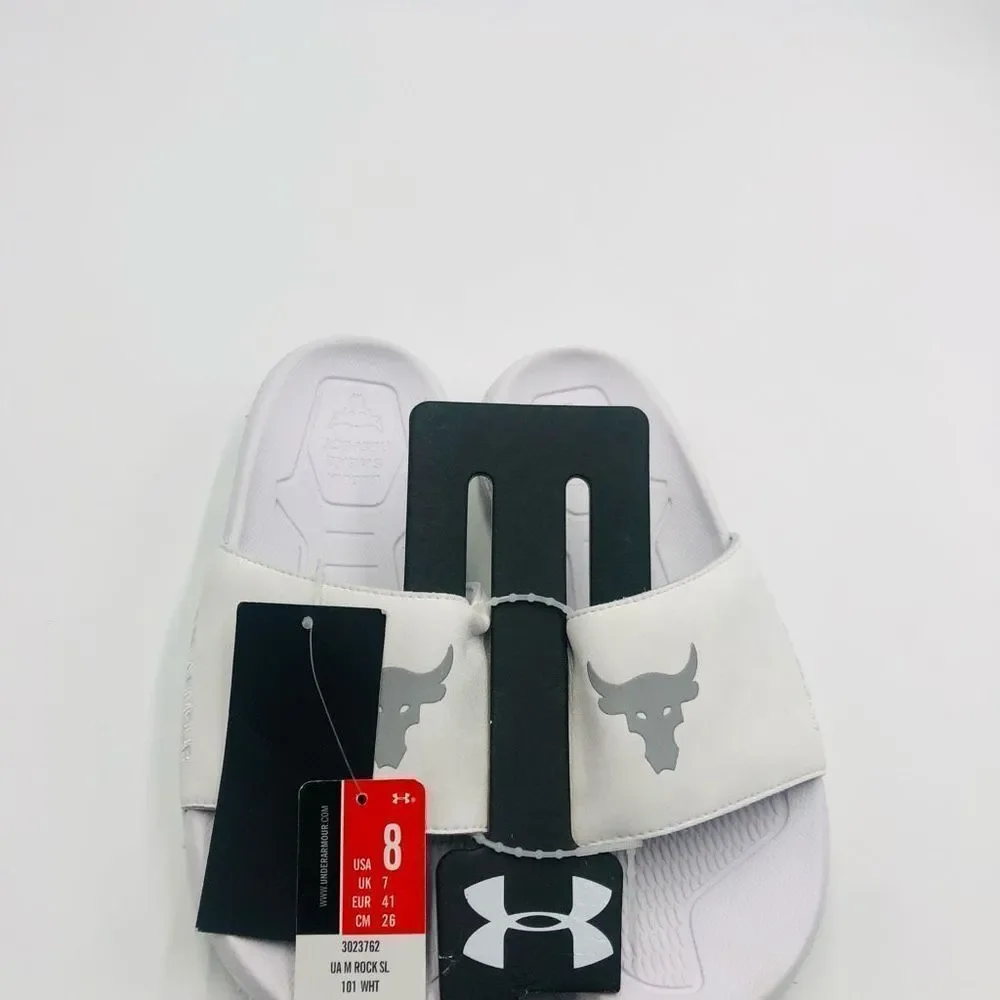 Brand New Under Armour Men's Project Rock Sideline White Slides Size 8 Flip Flop